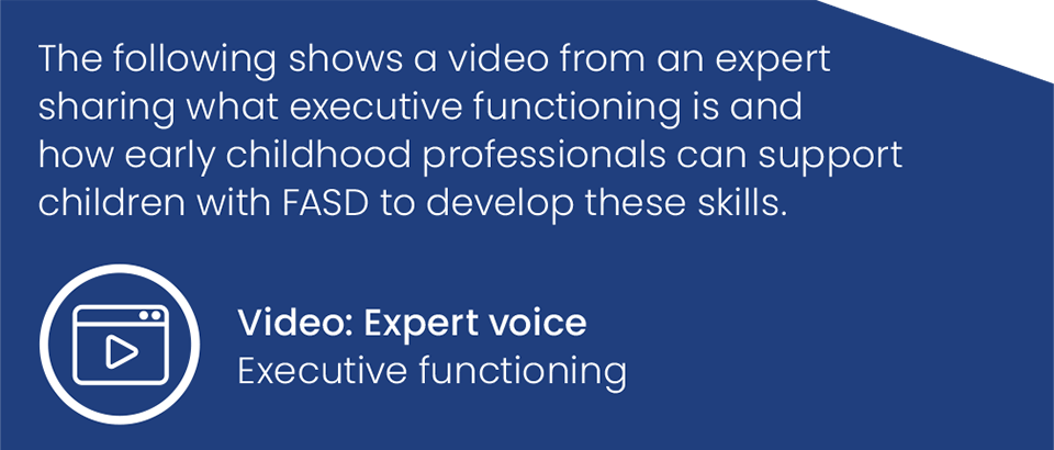 The following shows a video from an expert sharing what executive functioning is and how early childhood professionals can support children with FASD to develop these skills. Video: Expert voice-Executive functioning