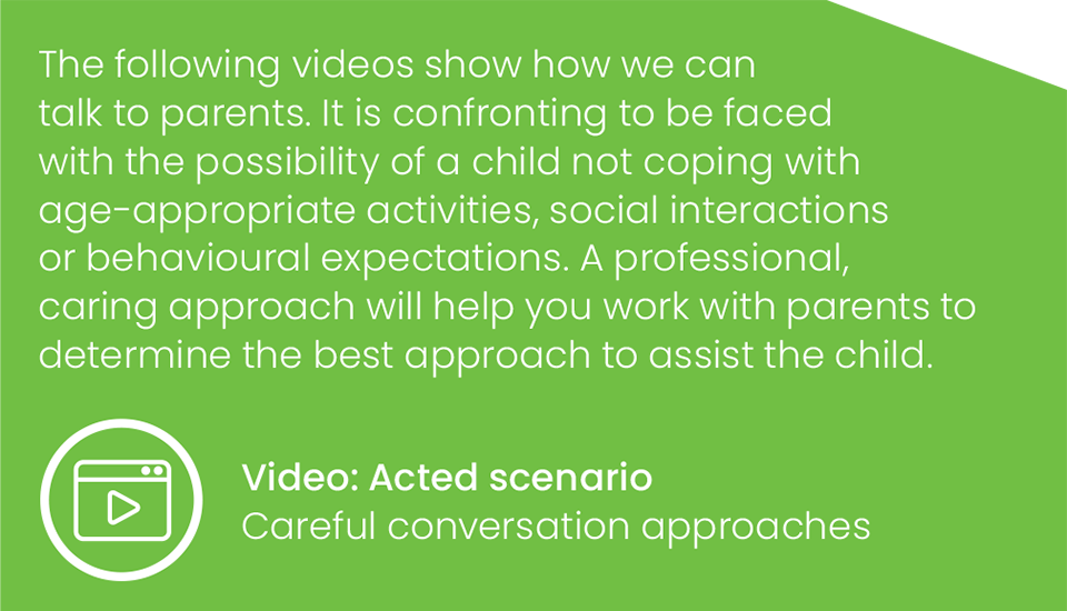 The following videos show how we can talk to parents. It is confronting to be faced with the possibility of a child not coping with age-appropriate activities, social interactions or behavioural expectations. A professional, caring approach will help you work with parents to determine the best approach to assist the child. Video: Acted scenario-Careful conversation approaches